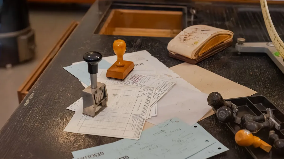 Documents and office stamps laid out across a work desk